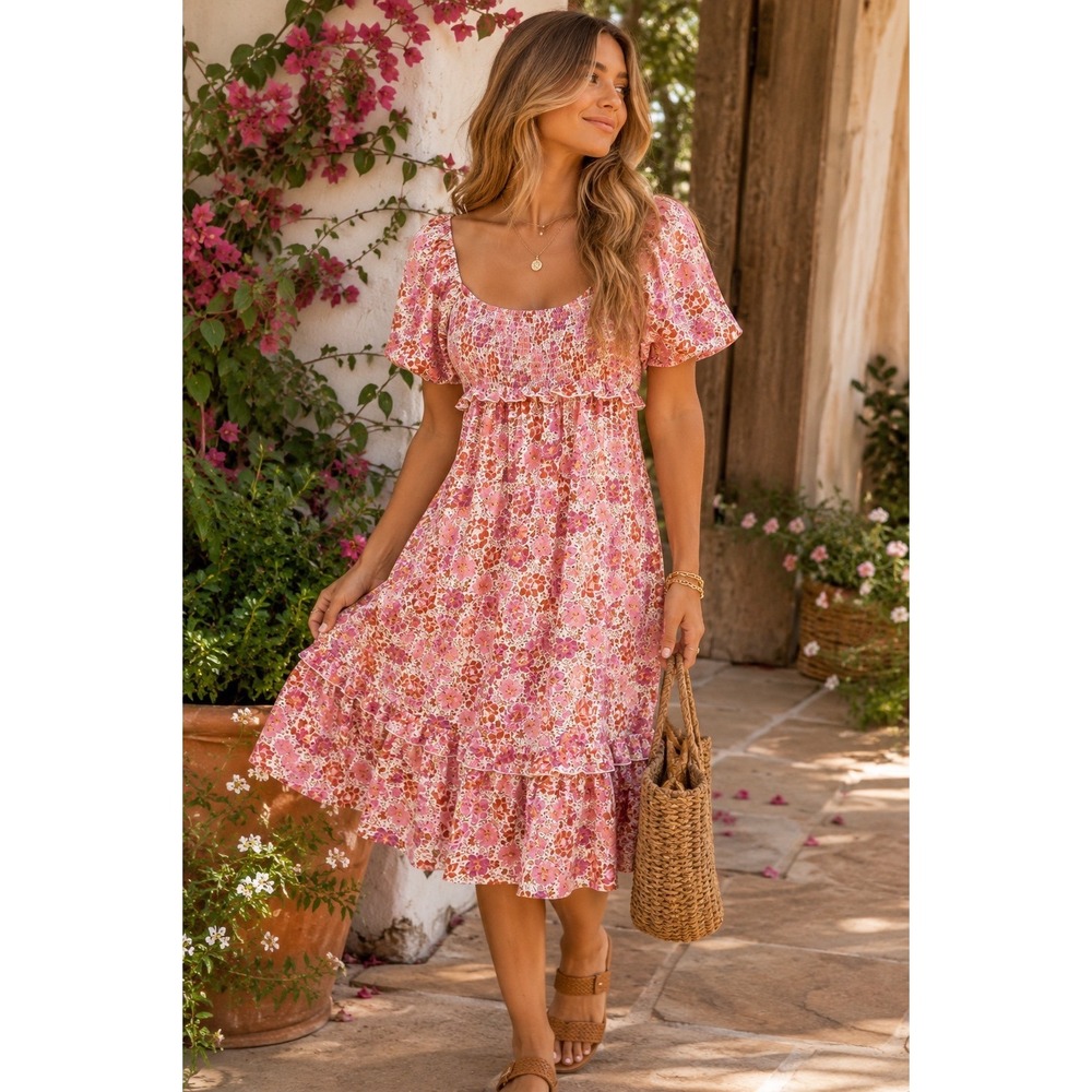 Altar'd State Midi Dress Smocked Floral Pink Small Boho‎ Cottagecore Women's
